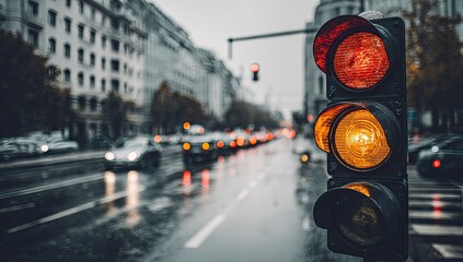 Rainy city street with traffic lights at amber