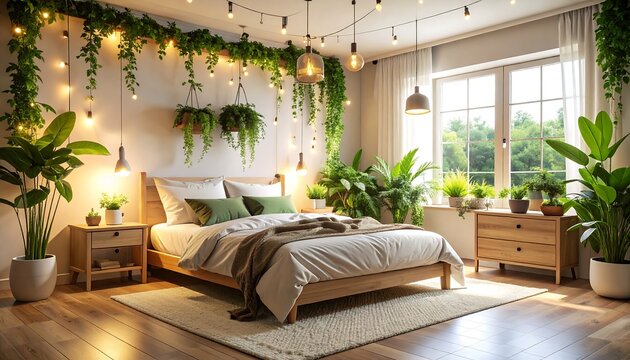 Sunlit bedroom with plants, wood furniture, and fairy lights