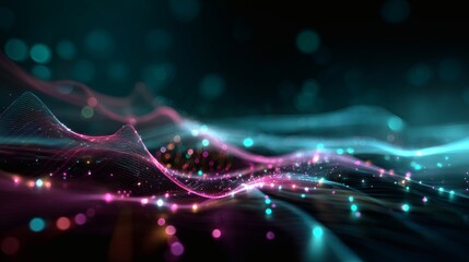 Abstract holographic digital wave with glowing teal and magenta mesh, luminous flowing gradient, immersive cyberpunk light trail, sci-fi 3D particle visualization, AI futuristic spectrum, big 