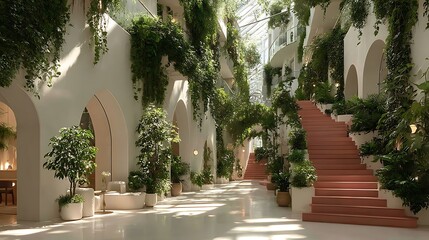 Naklejka premium Luxurious botanical grand hall with staircase high resolution image
