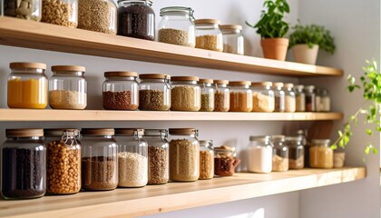 Neatly arranged glass jars filled with grains, spices, and legumes on wooden kitchen shelves, bathed in warm natural light.