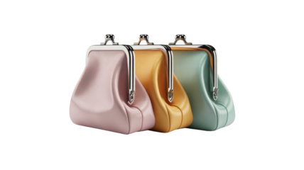 Set of three small coin purses in pink, yellow, and green with metal clasps, isolated on transparent background