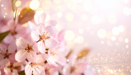 Fototapeta premium Soft pink cherry blossoms with glowing bokeh lights on a dreamy pastel background, evoking romance, spring, and gentle beauty.