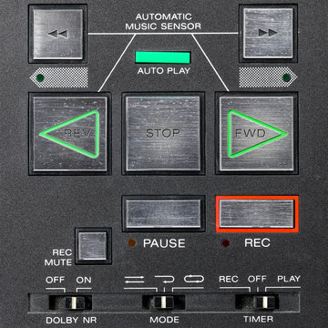 Audio tape recorder function selection panel with touch buttons for system control