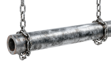 A long, gray, rusty metal pipe hangs from chains.  The pipe is cylindrical and has a hollow center. The chains are attached to the pipe at either end