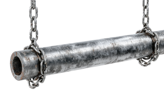 A long, gray, rusty metal pipe hangs from chains. The pipe is cylindrical and has a hollow center. The chains are attached to the pipe at either end