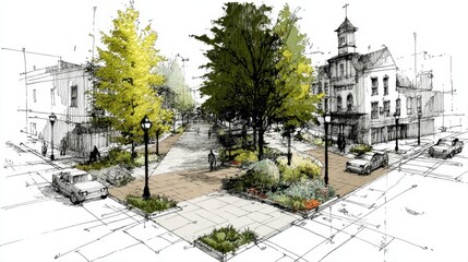 Urban Design Drawing of Residential Street with Green Spaces
