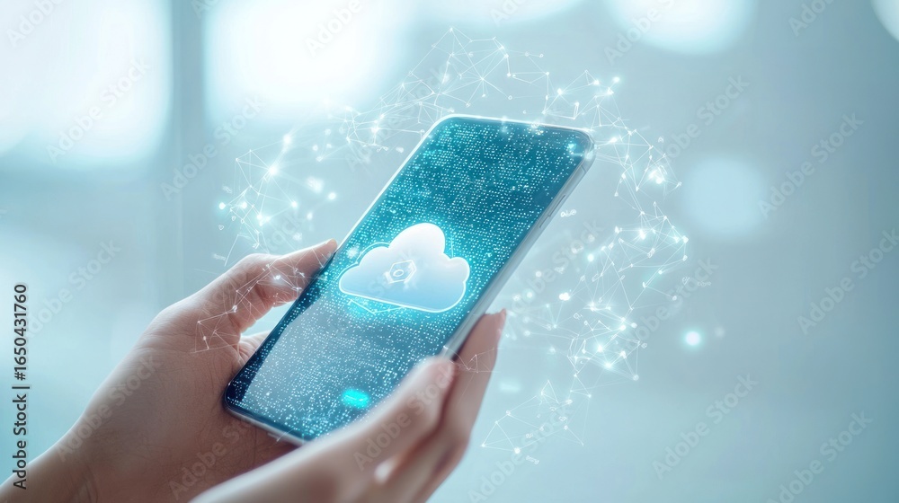 Wall mural close up of female hand holding mobile phone with digital shield and clouds on light blue background