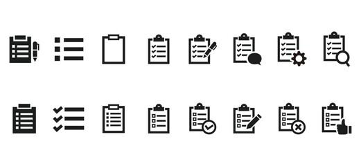 Minimal Clipboard and Checklist Icon Set Black UI Symbols Collection. Clipboard with checkmarks, checklist, document, gear, pencil. 