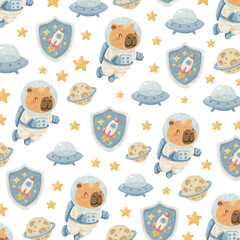 Cute Capybara Astronaut and Alien Seamless Patterns | Space Galaxy Digital Paper Set