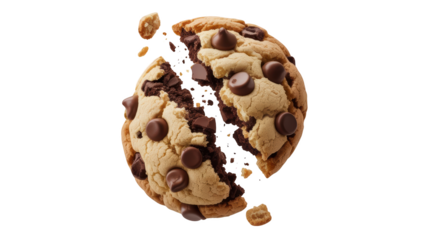 Chocolate chip cookie breaking apart isolated on transparent background