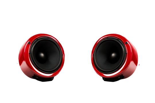 Two red speakers with abstract star shapes