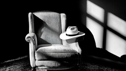 A  white hat rests on a  dark chair.  Sunlight streams in