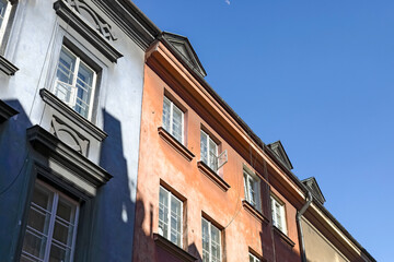 Upper section of the town houses in the old town of  Warsaw, Poland