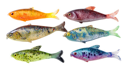 Assortment of colorful artificial fishing lures in various shades.