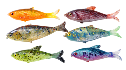 Assortment of colorful artificial fishing lures in various shades.