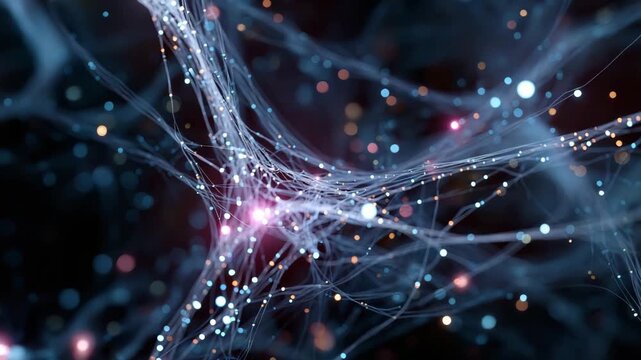 A blue and purple of a brain with many small dots. Abstract macro conceptual closeup of hemifusome structure, glowing network of filaments and particles, dark futuristic background