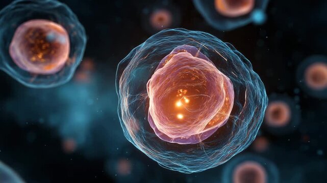 3D medical illustration showing germline stem cell dividing into cystoblast with developing fusome and hemifusome structures, realistic detailed cellular model, scientific educational style