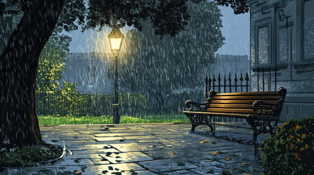 An illustration of a bench in the rain in the evening