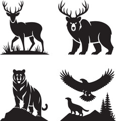 Fototapeta premium Wild Animal Silhouette Vector Set – Deer, Bear, Wolf, Tiger & Eagle for Outdoor & Wildlife Designs.