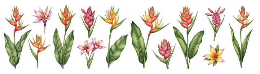 Obraz premium Vibrant tropical flowers in various colors showcasing lush nature's beauty.