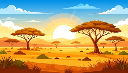 Cartoon African Savanna Sunrise Landscape with Acacia Trees.