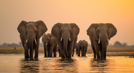 Fototapeta premium A group of elephants, standing in the water at sunset with their heads raised towards it, with an elephant on each side facing forward and two young ones behind them