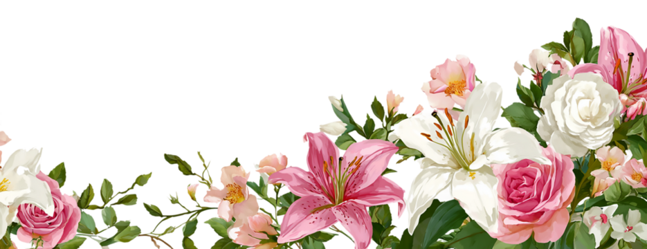 Elegant floral arrangement of roses and lilies isolated on transparent background for wedding or romantic design