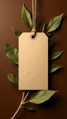 Blank kraft tag surrounded by green leaves on a wooden surface in natural light