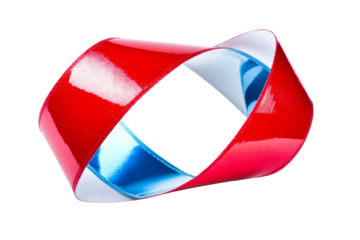Shiny red and blue ribbon twisted into a Mobius strip shape on a white surface