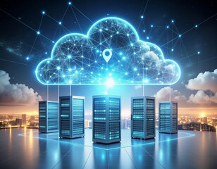 Digital cloud computing technology and data center infrastructure with servers connected to a global network over a city.