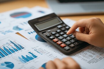 Hands calculating on a calculator over financial charts