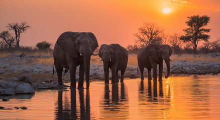 Fototapeta premium A group of elephants, standing in the water at sunset with their heads raised towards it, with an elephant on each side facing forward and two young ones behind them