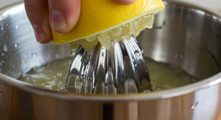 A hand squeezes a lemon half onto a metal juicer, extracting fresh juice.