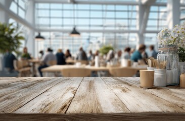 Rustic wooden table, blurred cafe background