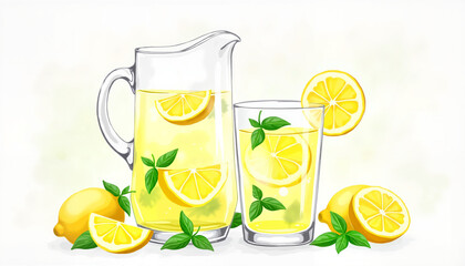 Refreshing lemonade in pitcher and glass with lemon slices and mint  