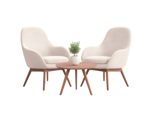 Minimalist living room featuring two chairs, a table, and a small plant
