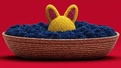 Yellow bunny nestled in a blue-filled basket