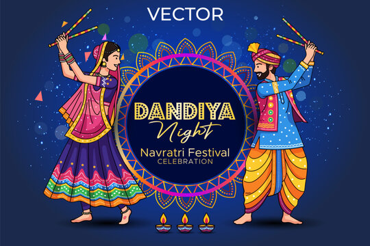 Vector illustration of dandiya night banner. Indian couple Dandiya dance posture and celebrating navratri festival.