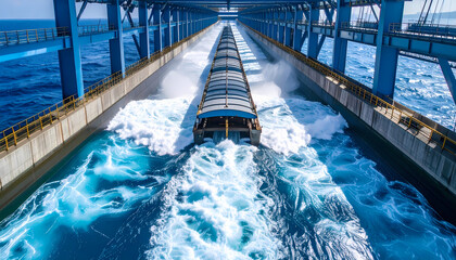 Obraz premium Barge through channel waves industrial scene