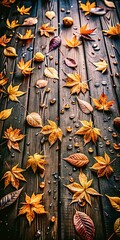 Autumn Leaves Scattered on Weathered Wooden Planks