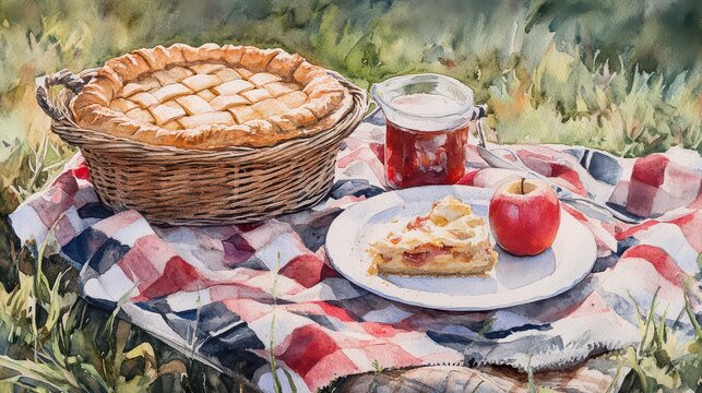 Watercolor painting of a picnic with a pie in a basket, a slice, juice, and an apple on a blanket - Powered by Adobe