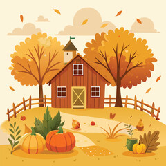 Autumn Farmhouse Scene with Trees, Pumpkins and Falling Leaves