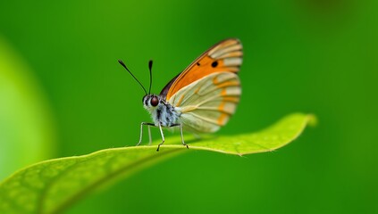 Obraz premium Orange and White Butterfly Perched on a Green Leaf