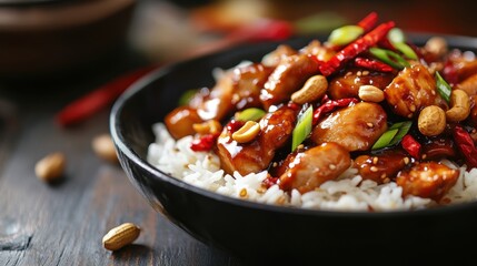 A close-up of Kung Pao chicken with a rich, savory sauce, peanuts on blurred background