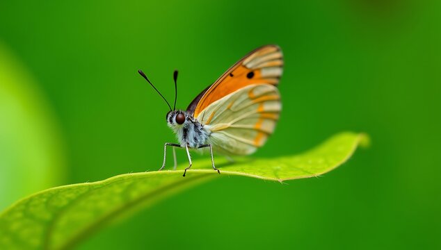 Orange and White Butterfly Perched on a Green Leaf
