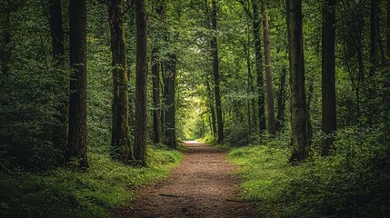 Fototapeta premium A pathway meanders through a dense woodland.