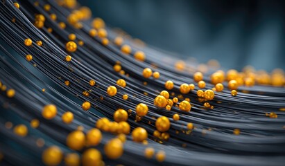 Dark strands, golden orbs, flowing design