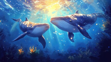 Fototapeta premium Two whales swim in sunlit ocean depths, surrounded by vibrant coral and marine life