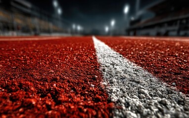 Close-up view of a red running track with a white line.  Stadium in the background
